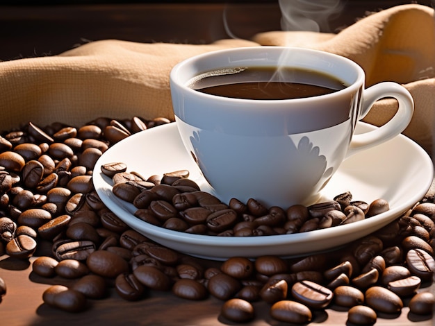 grains de café et tasse