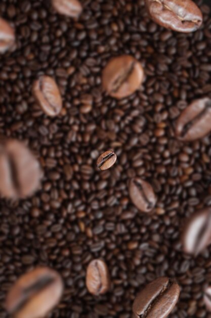 Les grains de café tombent dans un tas de mise au point sélective Pile de moitiés de grains de café brun foncé copiez l'espace