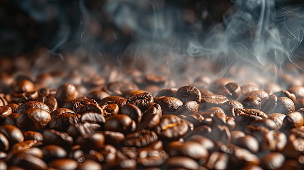 Grains de café torréfiés avec bannière de fumée Concept de fond