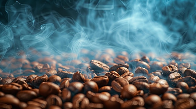 Grains de café torréfiés avec bannière de fumée Concept de fond