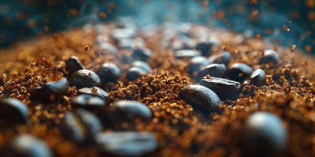 Des grains de café torréfiés et du café moulu sur un fond sombre