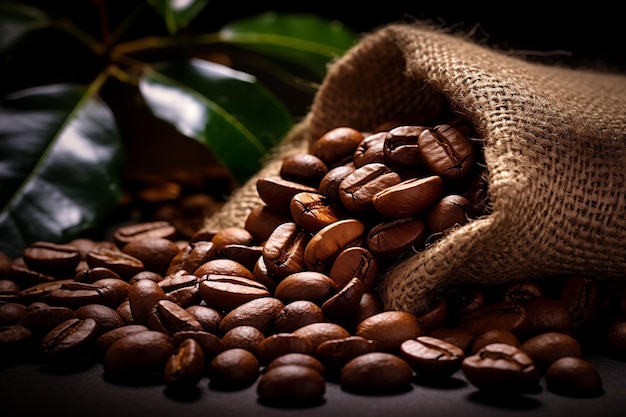 Photo des grains de café torréfiés éparpillés sur la table dans un sac de lin journée internationale du café