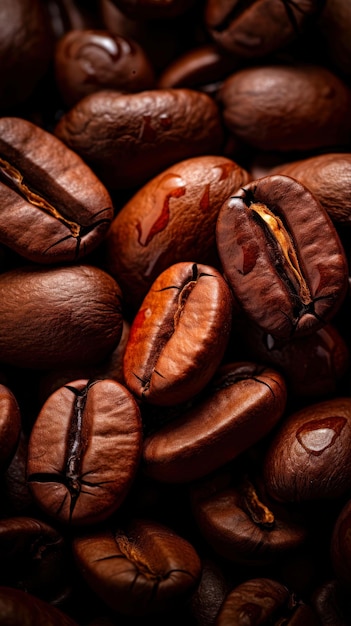 Grains de café torréfiés sur un fond sombre Focus sélectif