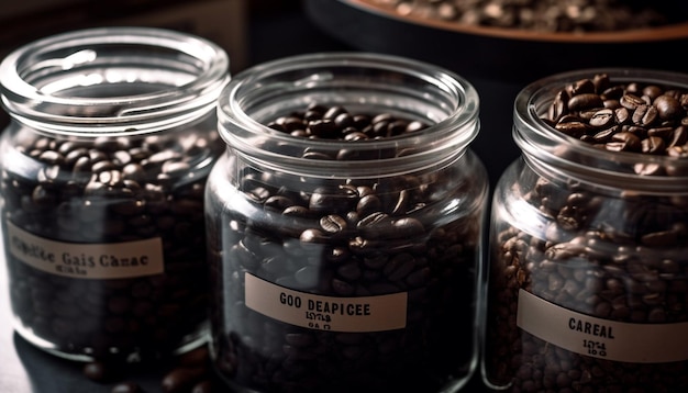 Des grains de café torréfiés noirs remplissent un bocal en verre généré par l'IA