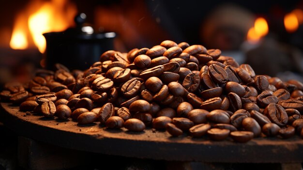 grains de café torréfiés sur un plateau en bois