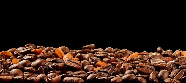 Des grains de café torréfiés de qualité supérieure sur une bannière élégante sur fond noir pour les amateurs de café et les cafés