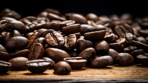 Grains de café torréfiés sur une table en bois