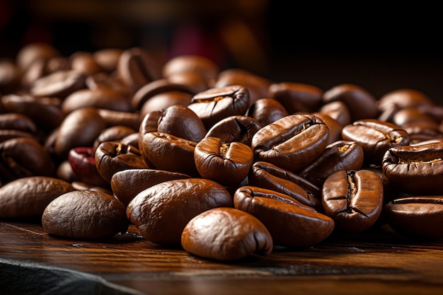 Des grains de café torréfiés sur une table en bois