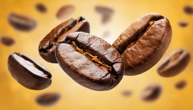 Des grains de café torréfiés tombent, des graines de caféine aromatique flottant dans l'air, un fond orange.