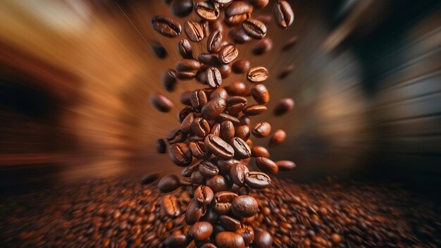 Photo les grains de café torréfiés volent de haut en bas avec un effet de mouvement