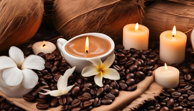 Photo des grains de café des trucs de spa avec des bougies dans de la noix de coco