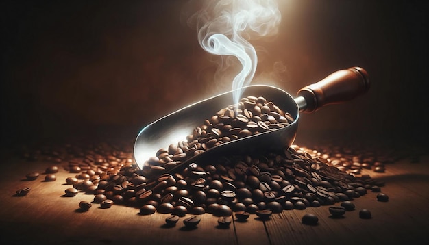 Des grains de café à la vapeur dans une cuillère en bois