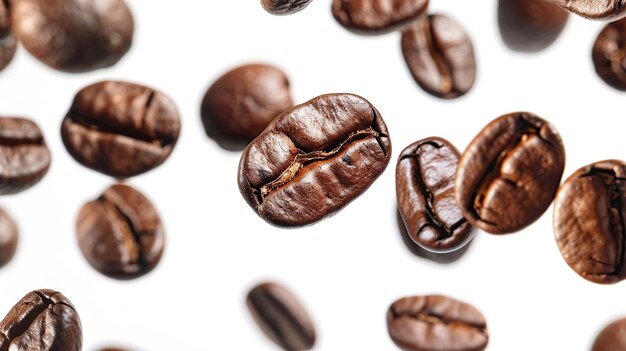 Photo des grains de café en vol sur un fond blanc