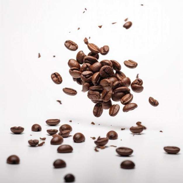 Grains de café volant avec des grains de café isolés sur fond blanc