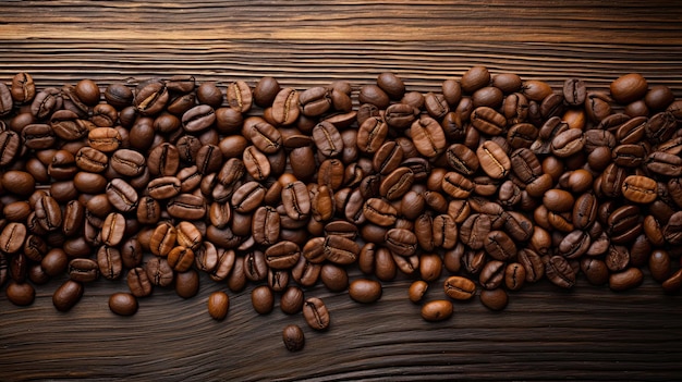 Grains de café sur une vue de dessus de fond en bois et espace de copie