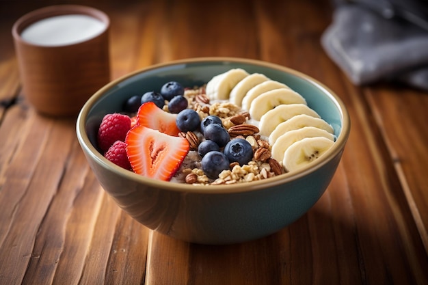 Grains de fruits et noix dans le bol de petit déjeuner