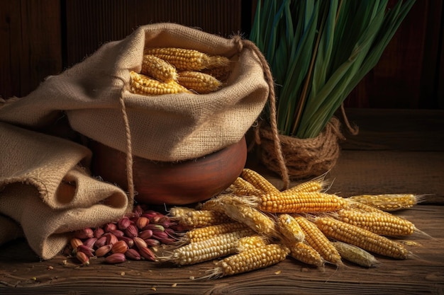 Photo des grains de maïs dans un sac de drap sur une table en bois créée avec de l'ai générative