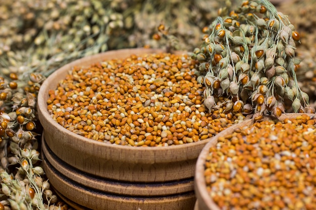 Grains de millet dans un seau en bois avec des épis de millet