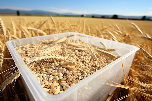 Grains d'orge perles dans un récipient au milieu des champs d'orge IA générative