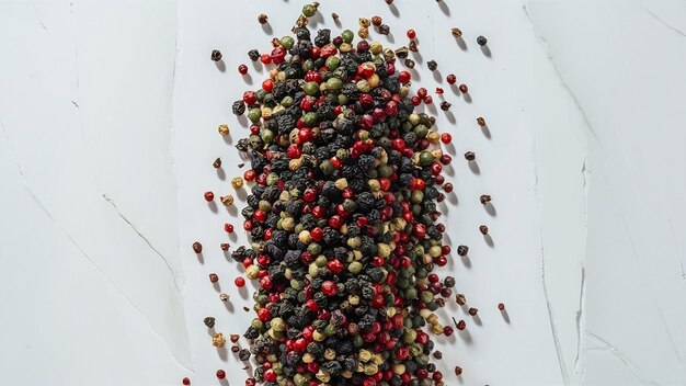 Grains de poivre mélangés sur une couche plate blanche verticale