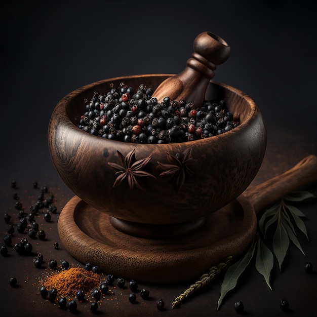 Grains de poivre noir dans une assiette en bois sur une table noire dans des conditions d'éclairage sombres