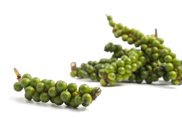 Grains de poivre vert sur fond blanc.