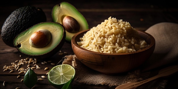 Grains de riz et avocat frais