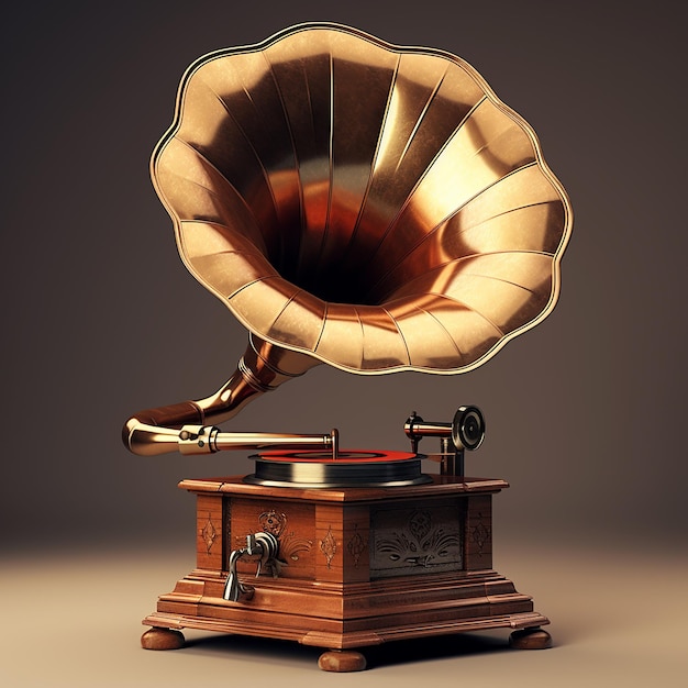 Gramophone à l'ancienne en 3D avec métal et bois