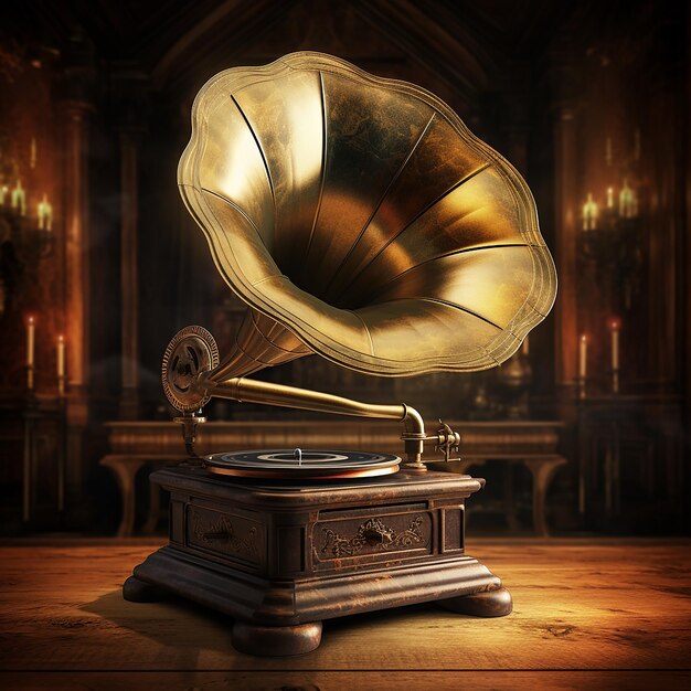 Gramophone à l'ancienne en 3D avec métal et bois