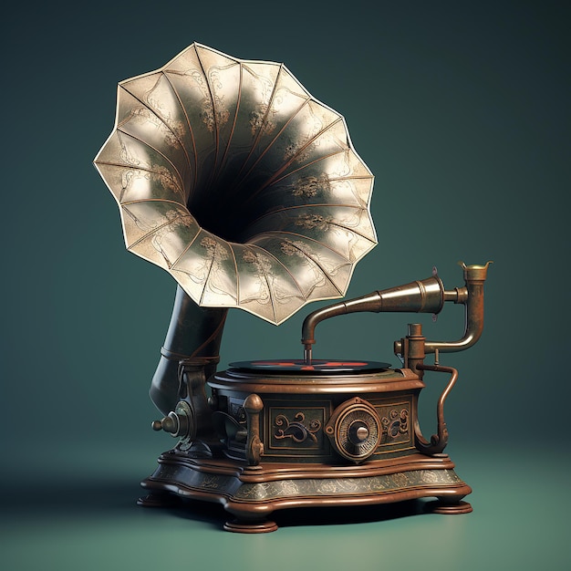 Gramophone à l'ancienne en 3D avec métal et bois