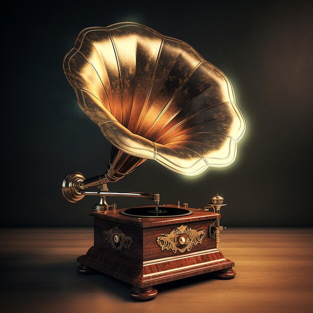 Gramophone à l'ancienne en 3D avec métal et bois