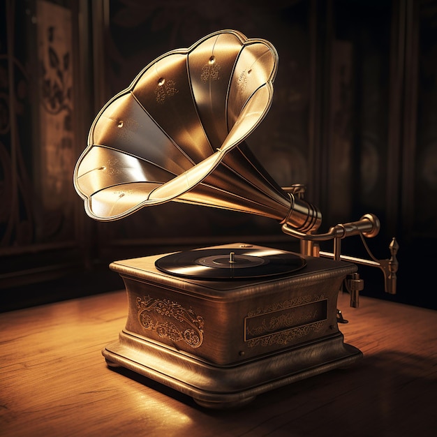 Gramophone à l'ancienne en 3D avec métal et bois