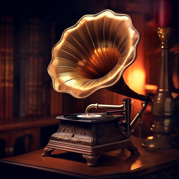 Gramophone à l'ancienne en 3D avec métal et bois