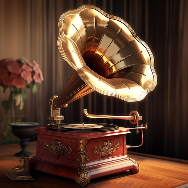 Gramophone à l'ancienne en 3D avec métal et bois