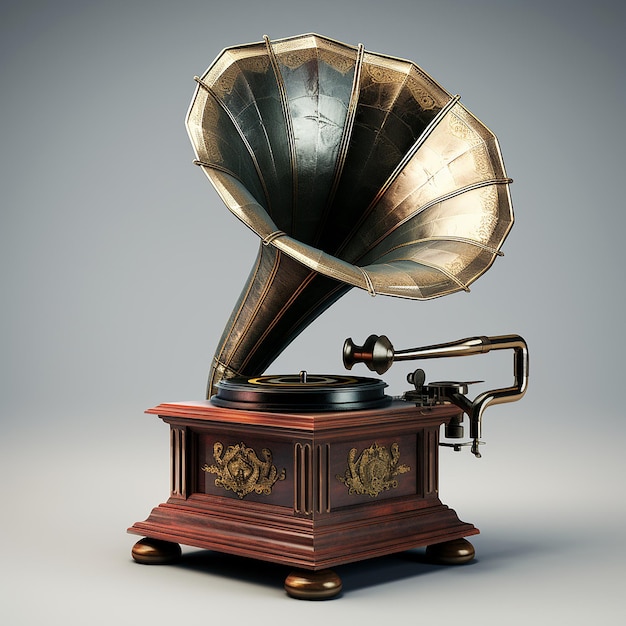 Gramophone à l'ancienne en 3D avec métal et bois