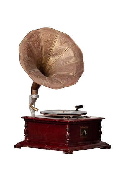 Gramophone avec coffret en bois, isolé sur fond blanc