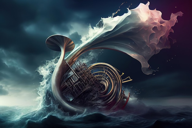 Gramophone avec symboles mélodiques sur l'onde arc-en-ciel Generative Ai