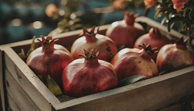 Photo granates dans une boîte en bois récolte de fruits nourriture biologique naturelle fraîche