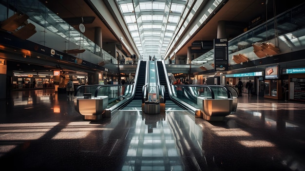 Un grand aéroport avec des escalators