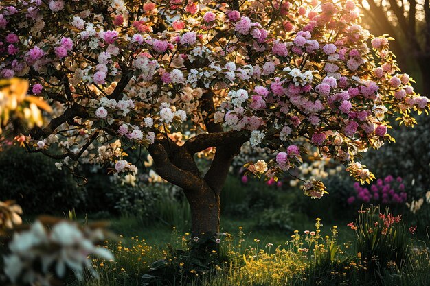 Photo grand angle de l'arbre couvert de grandes fleurs roses et blanches au printemps