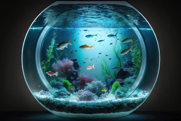 Grand aquarium rond avec espace vide et fond éclairé