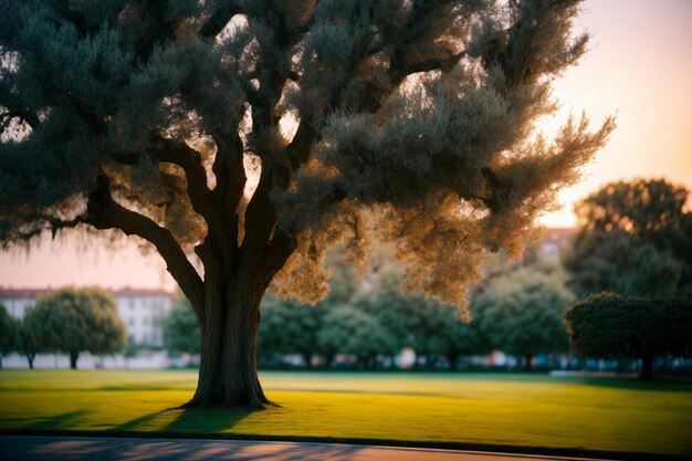 Un grand arbre au milieu d'un parc