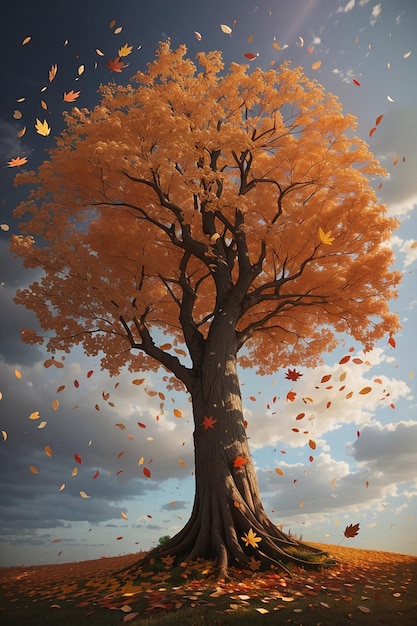 Un grand arbre d'automne avec des feuilles qui en tombent et un ciel nuageux