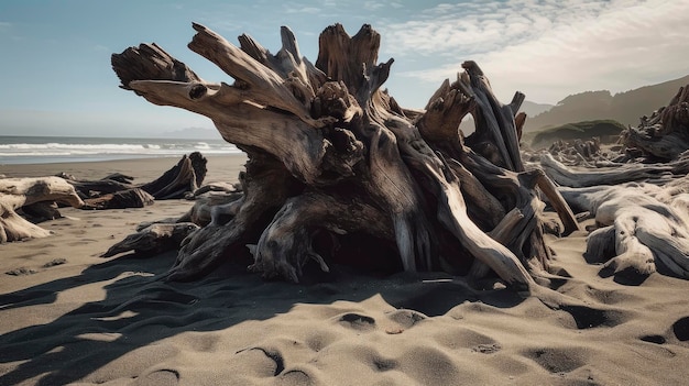 Un grand arbre de bois flotté est allongé sur la plage.