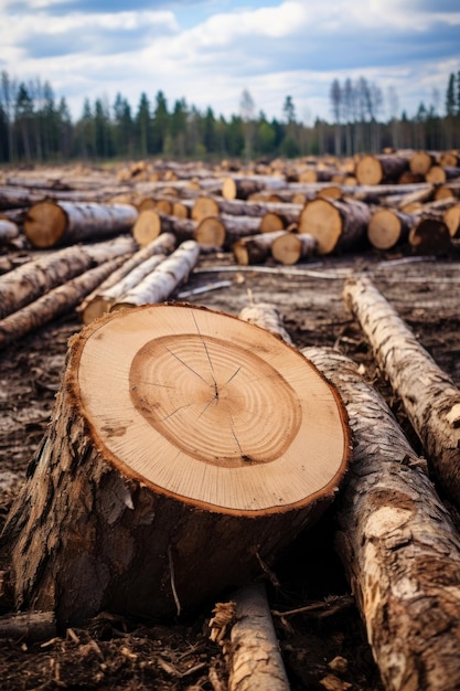 Grand arbre coupé de près Beaucoup de bois coupé avec une forêt verte en arrière-plan Abattage du bois Déforestation Gestion responsable des ressources et perturbation de l'écosystème Problème de format vertical Généré par l'IA