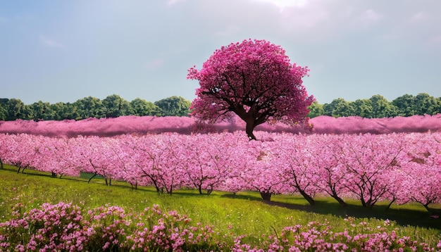 Grand arbre dans un champ de fleurs de couleur rose