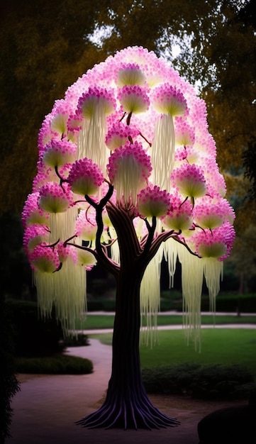 Un grand arbre à fleurs roses avec de longues tiges et de longues tiges avec la lumière qui le traverse.