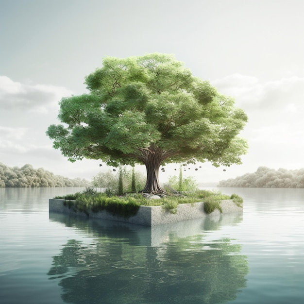 Un grand arbre sur une petite île dans l'eau