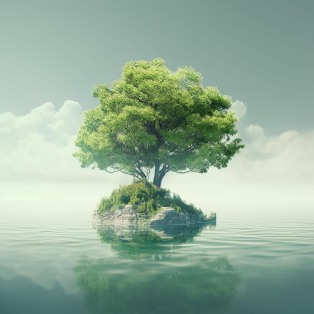 Un grand arbre sur une petite île est entouré d'eau et le ciel est bleu
