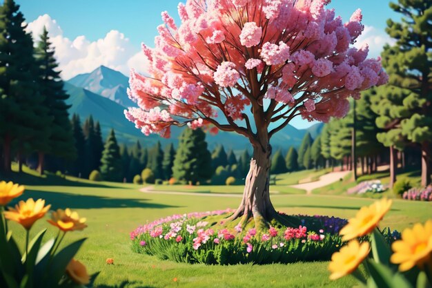 Un grand arbre rose avec une montagne en arrière-plan